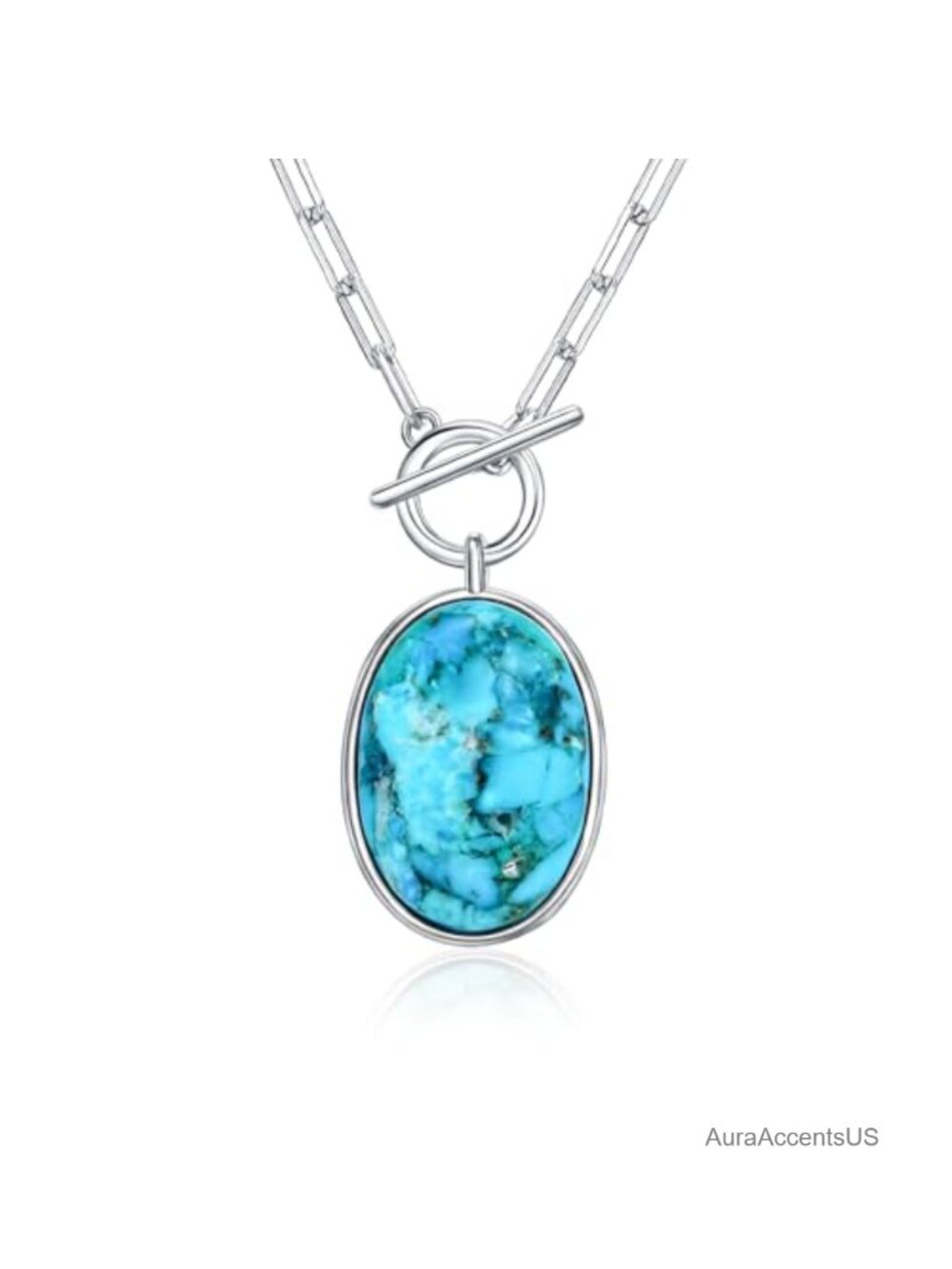 Sterling Silver Turquoise Pendant Necklace 18 Inch Oval Paperclip Chain Toggle